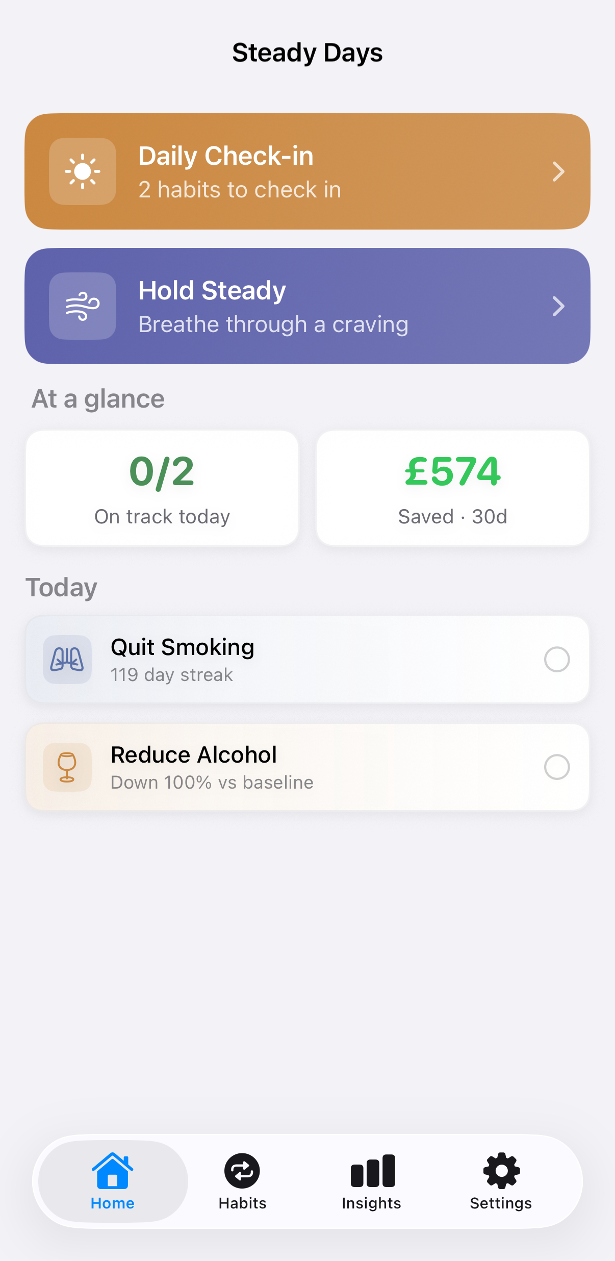 Steady home screen showing a 119-day quit-smoking streak and a downward-trending alcohol reduction goal.